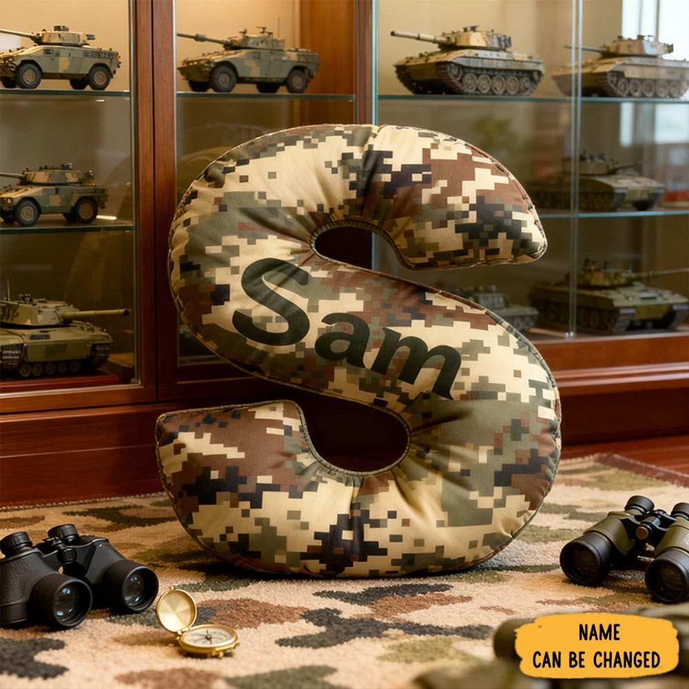 Personalized Camo Throw Pillow Initial Shaped Pillow Custom Throw Pillow With Name Military Style Pillow Gift For Men Boys Military Adventure Themed Gifts-2