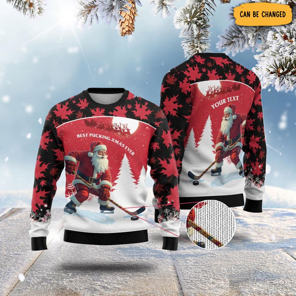 Personalized Canada Christmas Ugly Christmas Sweater Santa Claus Hockey Player - Maple Leaves Pattern