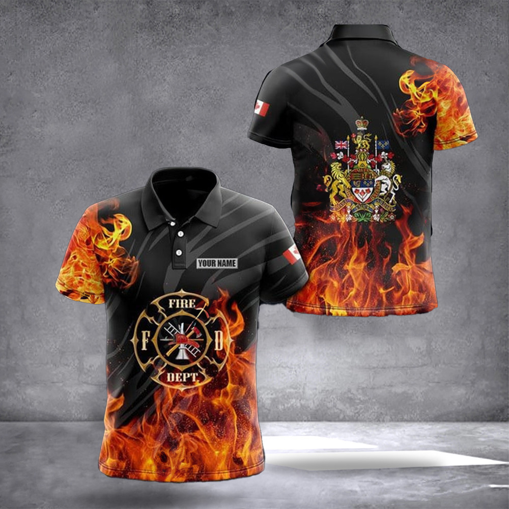 Personalized Canada Fire Dept Defend Coat Of Arms Polo Shirt Firefighter Canadian Golf
