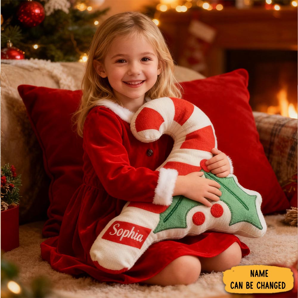 Personalized Candy Cane Pillow With Custom Name And Festive Holly Design For Holiday Decor And Seasonal Cheer Graphic 3d Print Pillow