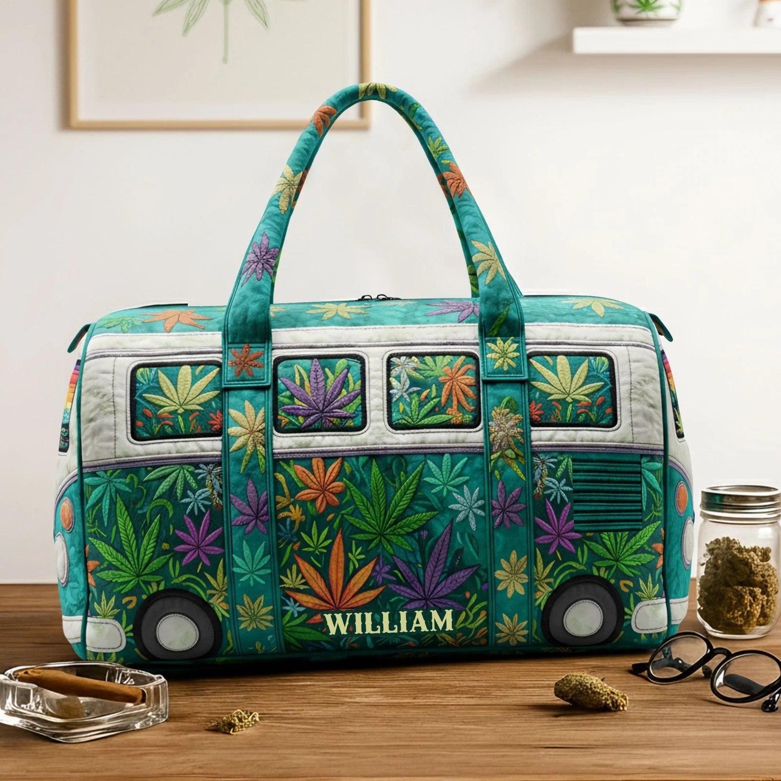 Personalized Cannabis Leaf Hippie Van Quilted Duffle Bag Weed 420 Stoner Theme Best Gift For Friends