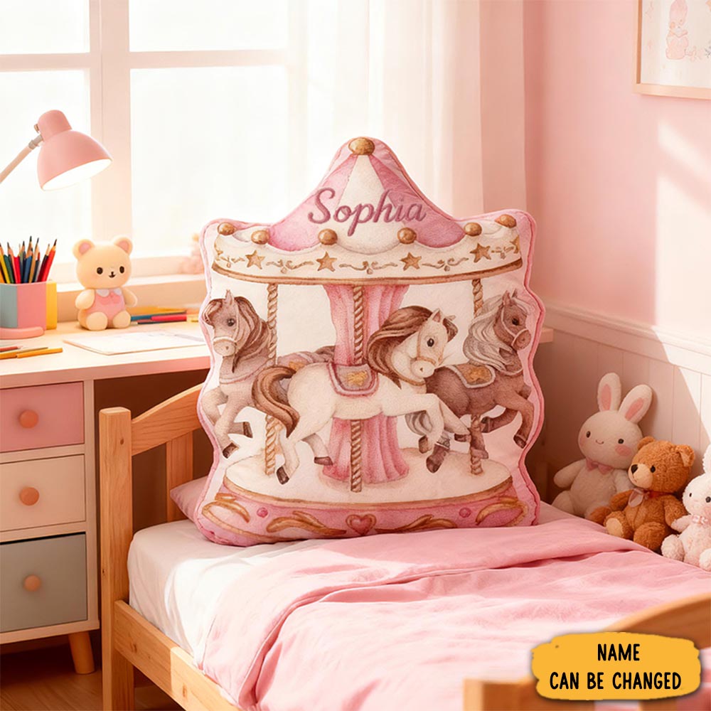 Personalized Carousel Horse Shape Custom Name Soft Decorative Gift Fairytale Princess Style Cozy Nursery Room Gentle Pink Graphic 3d Print Pillow