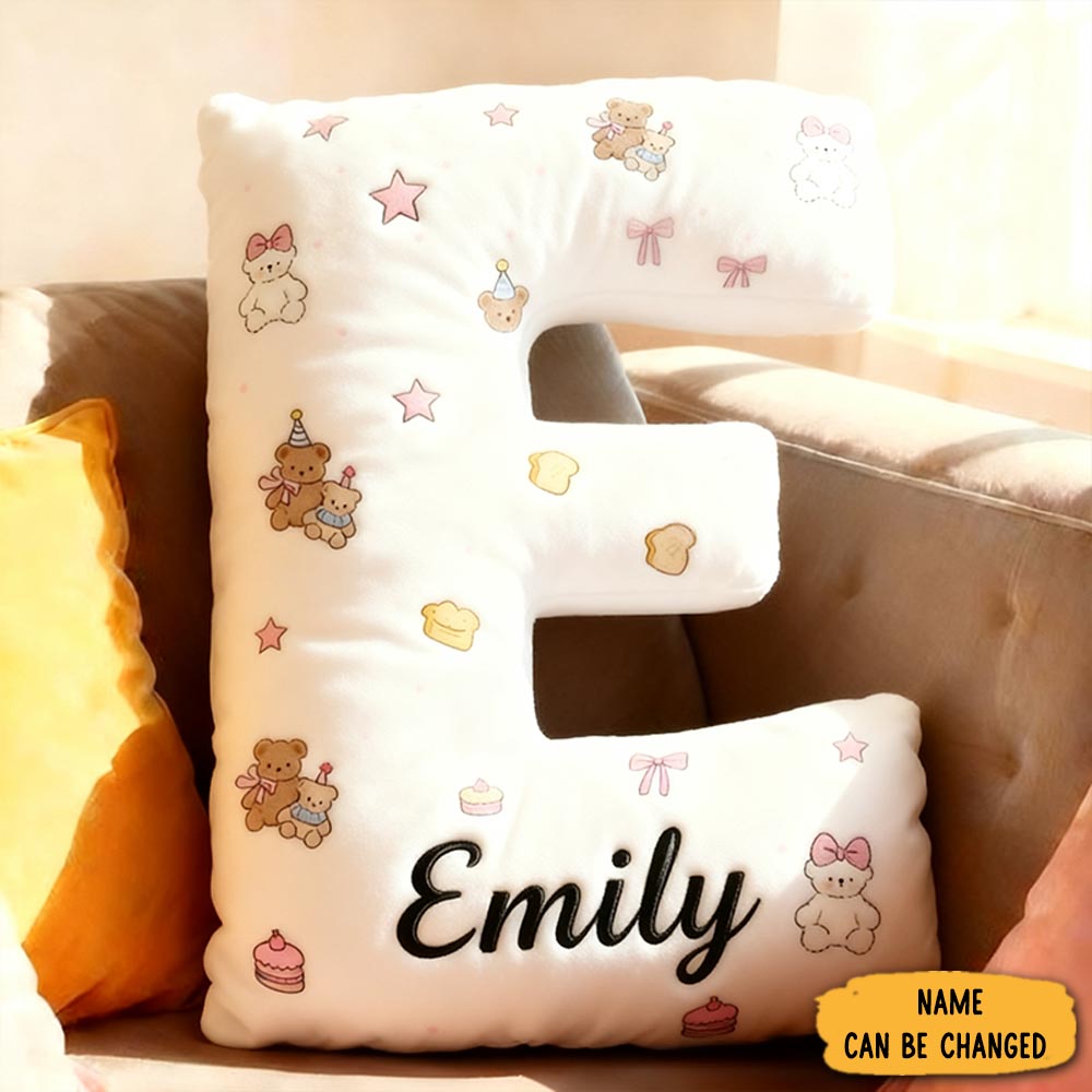 Personalized Cartoon Bear 26 Letter Graphic 3d Print Pillow Family Gift With Custom Name Design