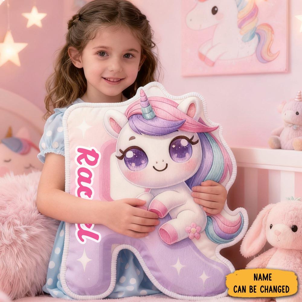 Personalized Cartoon Cute And Cheerful Unicorn Initials With Name Graphic 3d Print Pillow Christmas Gift For Kids