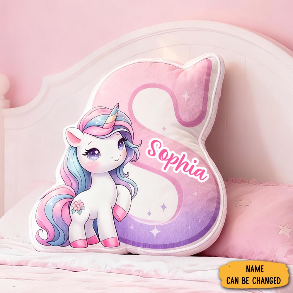 Personalized Cartoon Cute Pink Unicorn Initials With Name Graphic 3d Print Pillow Christmas Gift For Kids