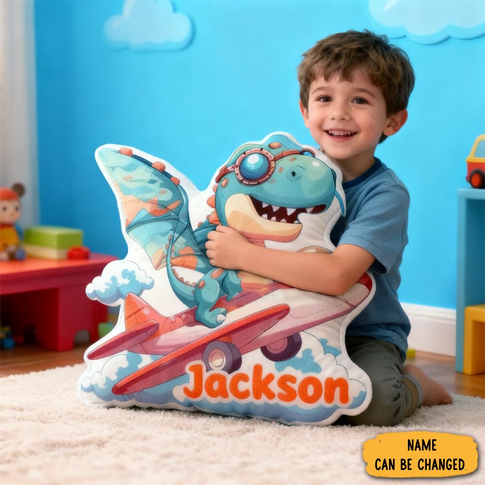 Personalized Cartoon Dinosaur Flying A Plane With Name Graphic 3d Print Pillow Christmas Gift For Kids Birthday Gift