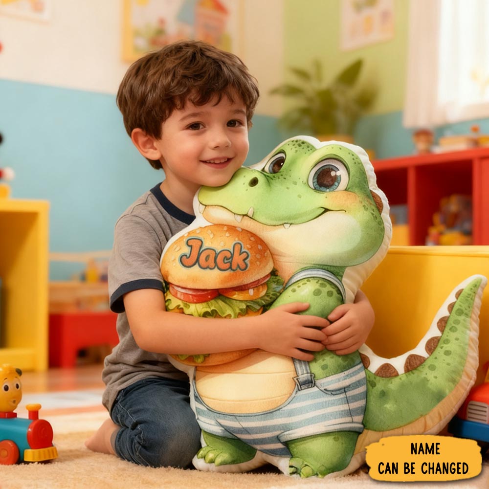 Personalized Cartoon Dinosaurs Eating Hamburgers With Name Graphic 3d Print Pillow Christmas Gift For Kids Birthday Gift