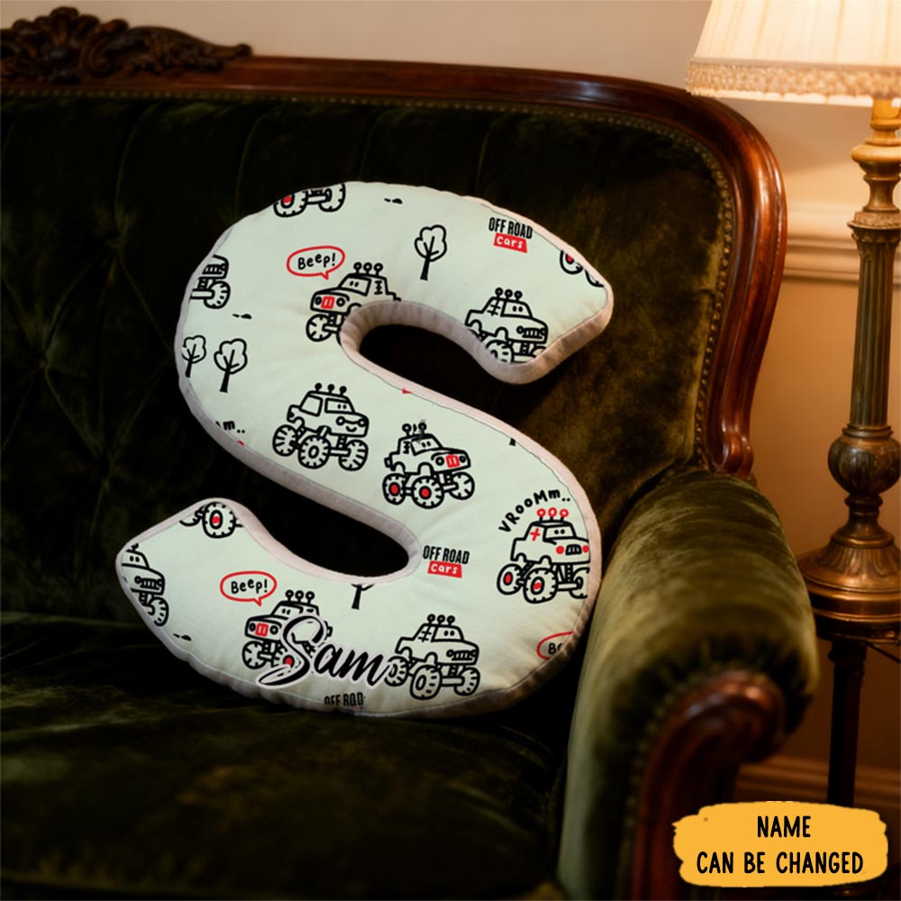 Personalized Cartoon Off Road Monster Truck Initial Pillow With Custom Name Gift For Truck Lover Kidss