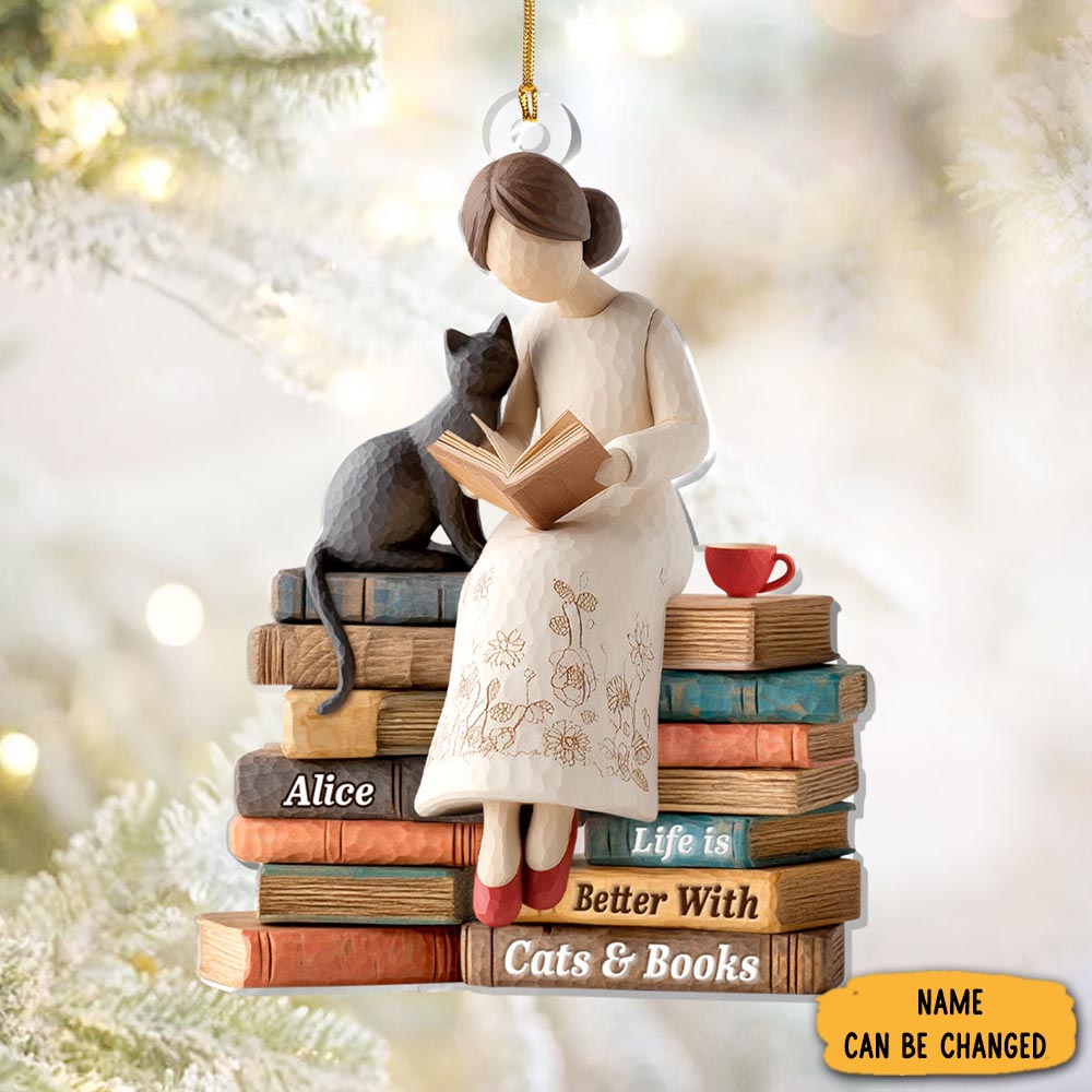Personalized Cat And Book Christmas Ornament Animal Themed Xmas Gifts For Cat Lovers