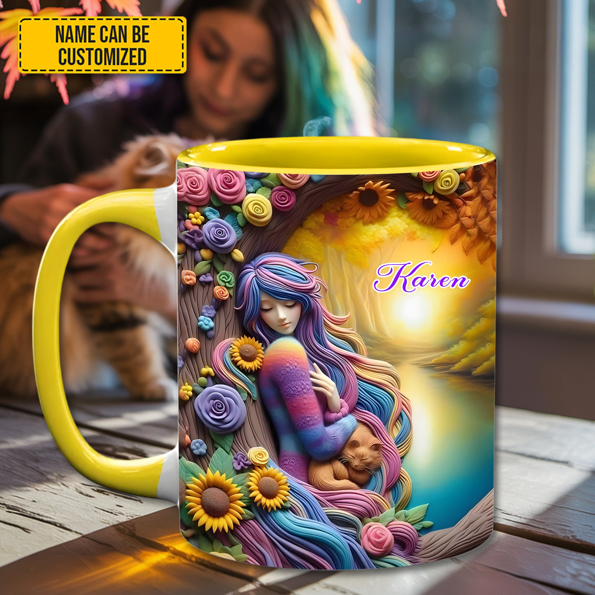 Personalized Cat And Dreamy Girl Mug Flower Themed Hippie Mug Gifts For Cat Lovers