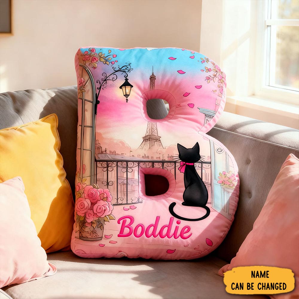 Personalized Cat Lover Flowers Black Cat Letter Pillow With Custom Name Graphic 3d Print