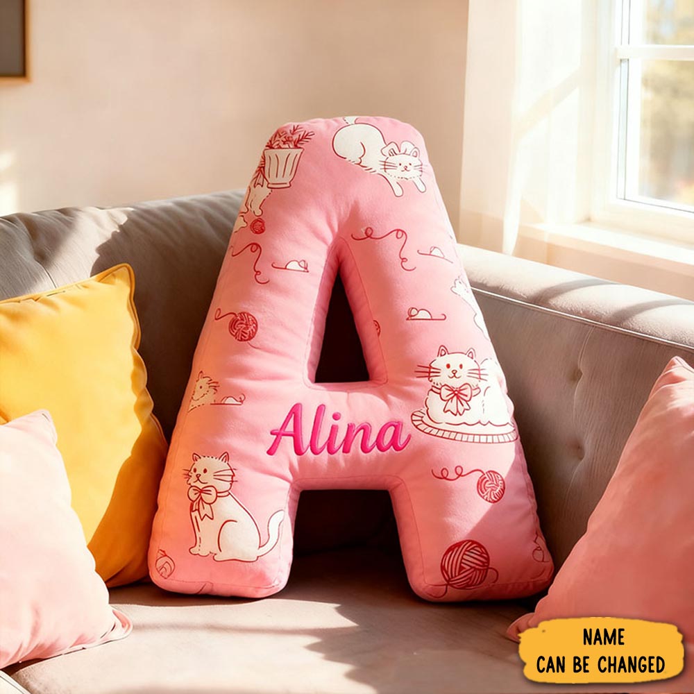 Personalized Cat Lover Pink Letter Pillow With Custom Name Pillow For Kid Graphic 3d Print
