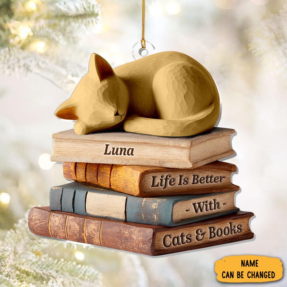 Personalized Cat Sleeping On Book Christmas Ornament Book Themed Xmas Gift Ideas