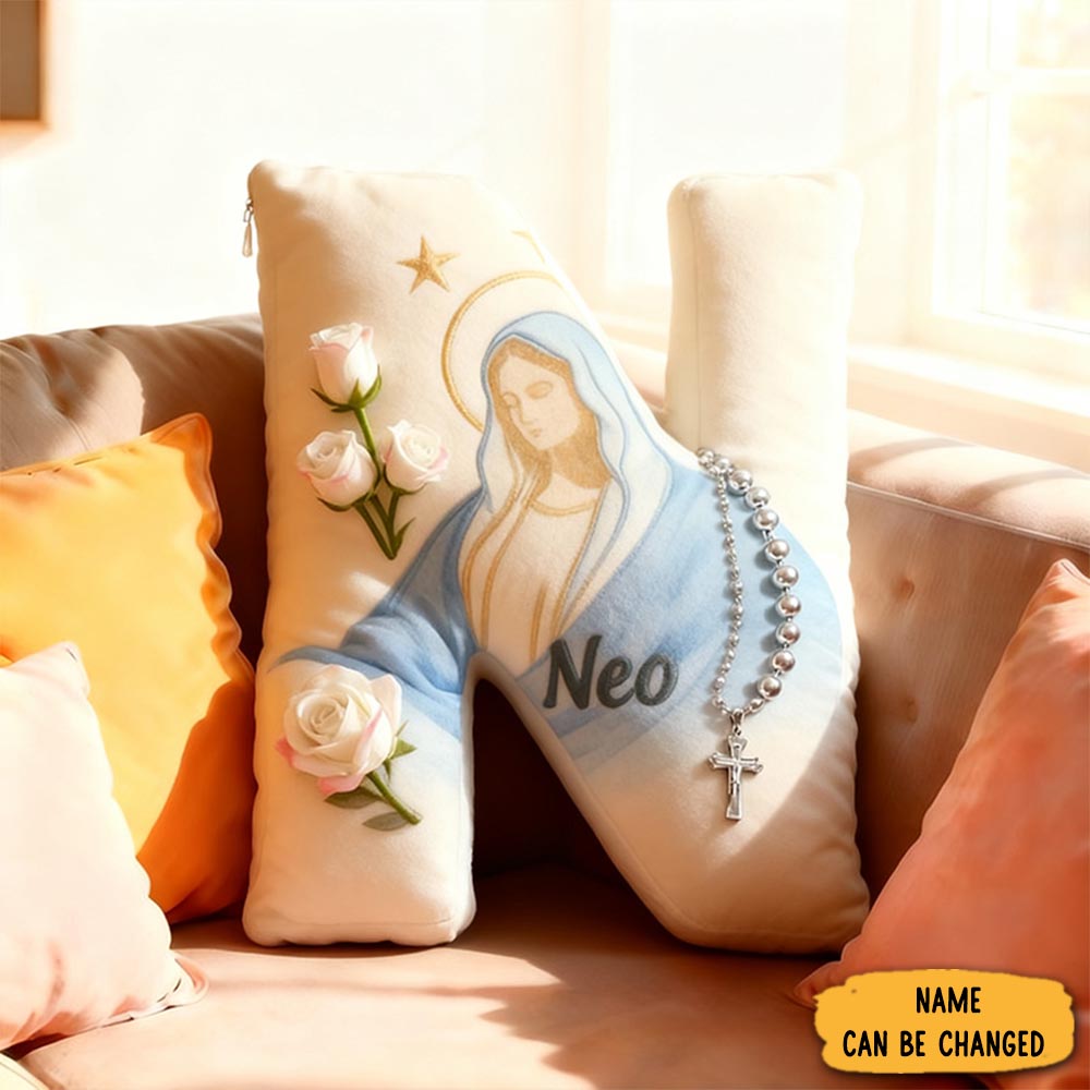 Personalized Catholic Virgin Mary Letter Pillow With Name Home Decor Our Lady Pillow White Roses Catholic Marian Pillow Christian Gift For Women