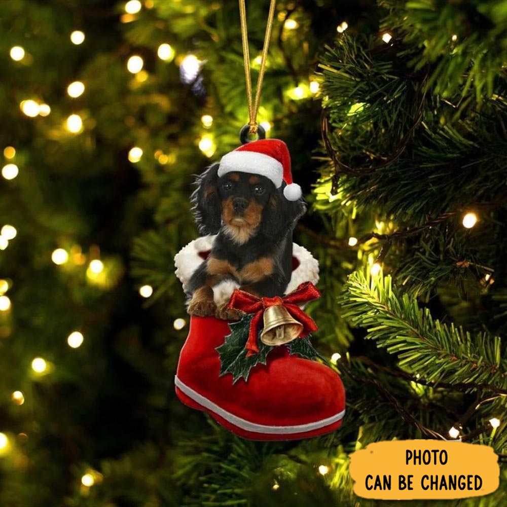 Personalized Cavalier King Charles Spaniel Black And Tan In Santa Boot Christmas Hanging Ornament Beautiful Graduation Ornament Gift
