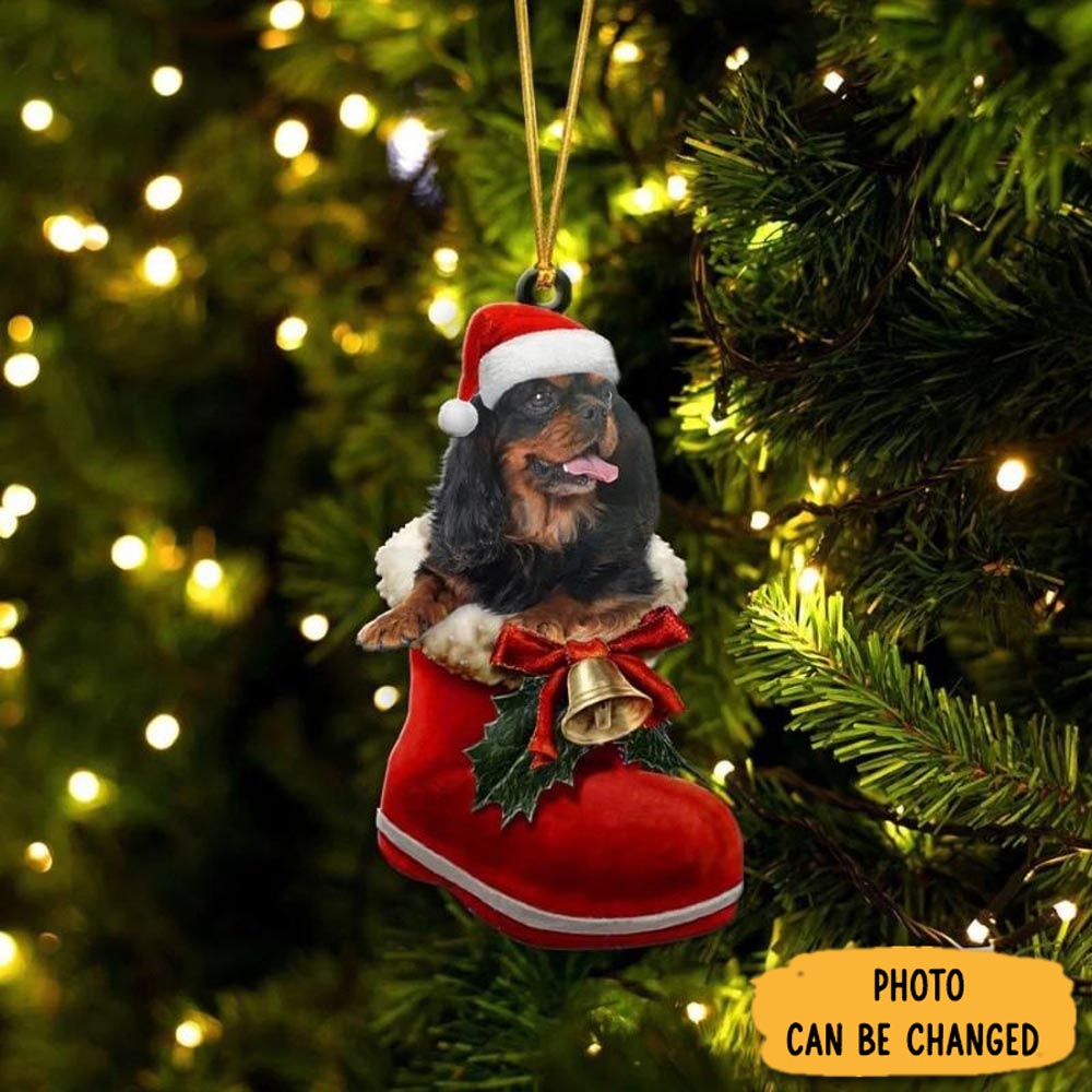Personalized Cavalier King Charles Spaniel Black And Tan In Santa Boot Christmas Hanging Ornament Joyful Holiday Season Ornament Gift