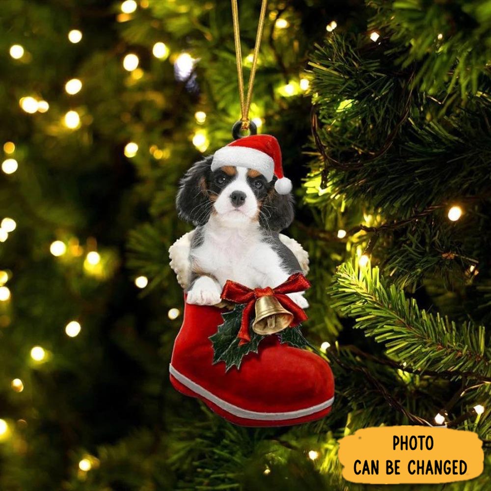 Personalized Cavalier King Charles Spaniel Tri-Color In Santa Boot Christmas Hanging Ornament Holiday Ornament For Home & Family