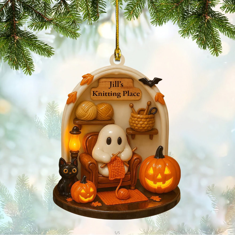 Personalized Celebrate Cozy Crafting Moments With Ghost And Pumpkin Personalized Custom Acrylic Ornament Gift For Crafting Enthusiasts And Halloween Lovers