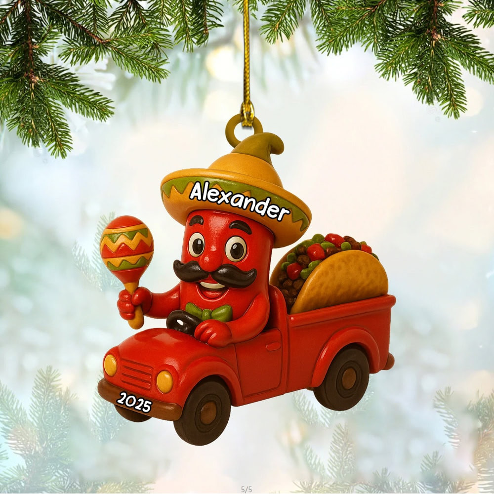 Personalized Celebrate Vibrant Traditions With Cartoon Chili In Red Truck Custom Acrylic Ornament Gift For Family And Cultural Enthusiasts