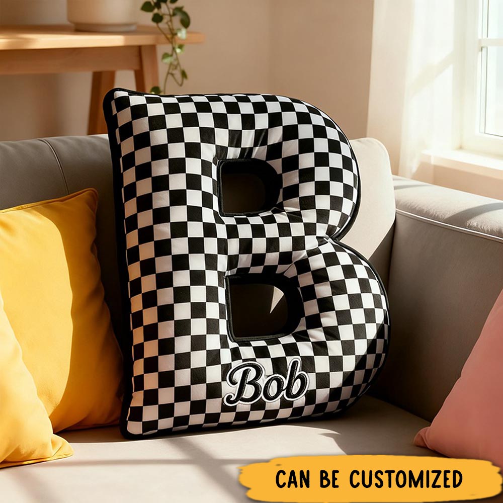 Personalized Checkered Flag Racing Letter Pillow with Custom Name 3D Graphic Print Cushion Gifts