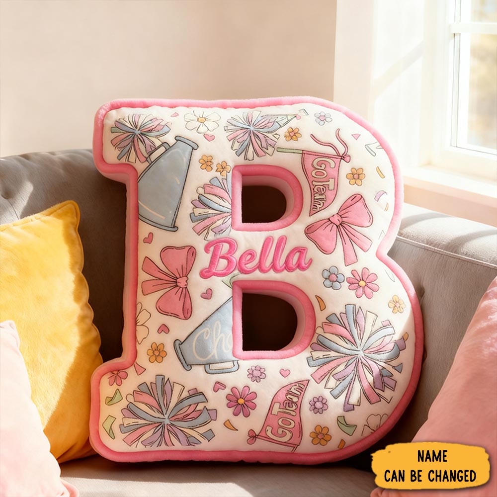 Personalized Cheerleading Initial Pillow With Custom Name And Cheer Theme Design