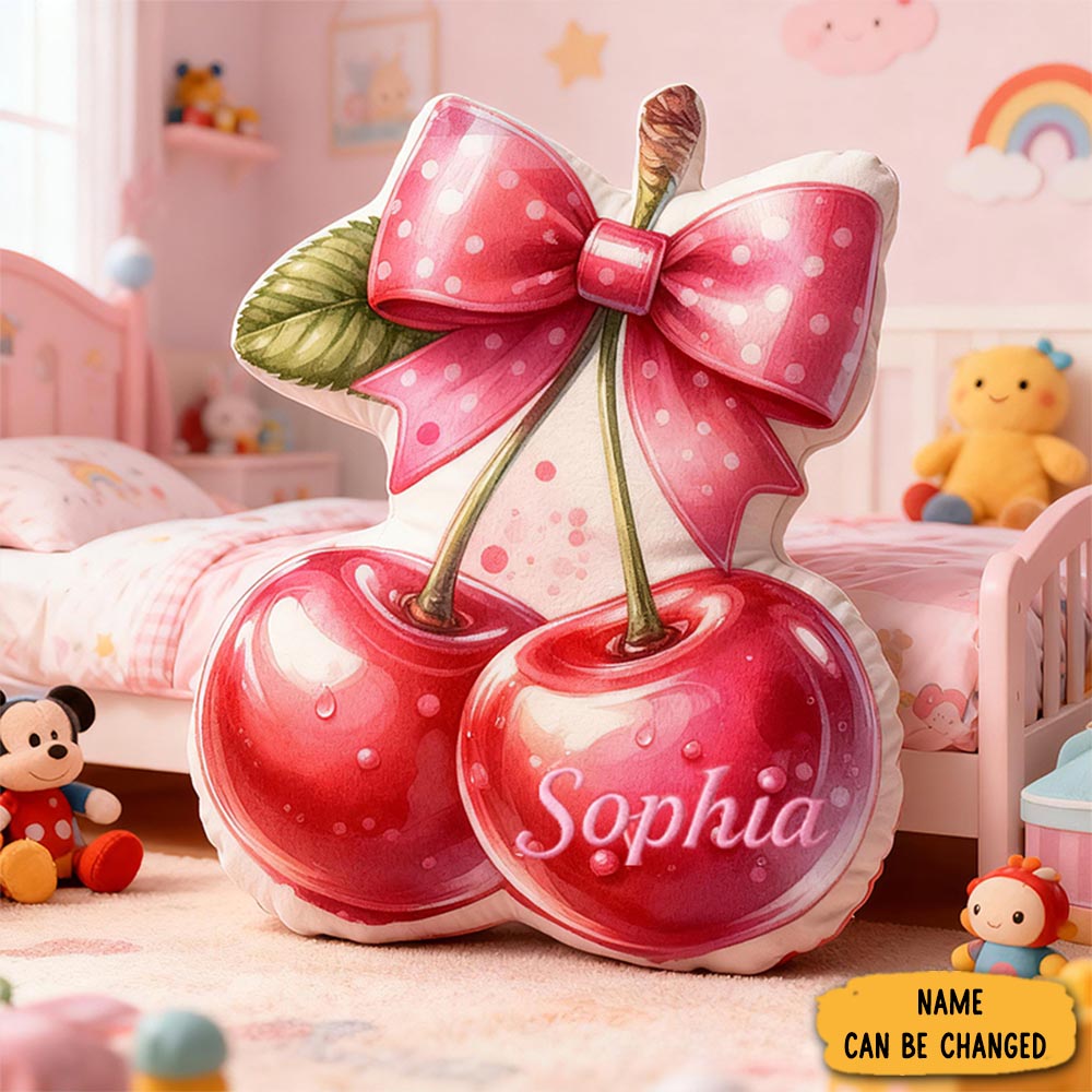 Personalized Cherry Bow Fruit Custom Name Soft Decorative Gift Sweet Princess Style Cozy Bedroom Pink Lovely Fresh Fun Magic Graphic 3d Print Pillow