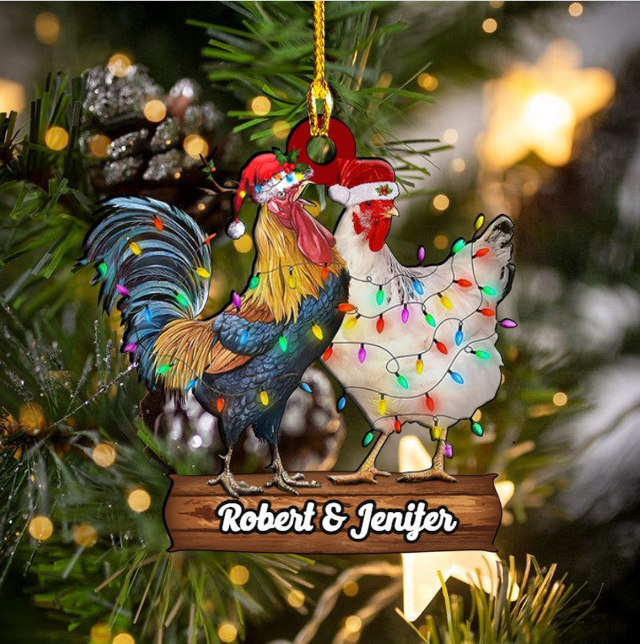 Personalized Chicken Couple Christmas Ornament for Husband and Wife Custom Shaped Acrylic Ornament