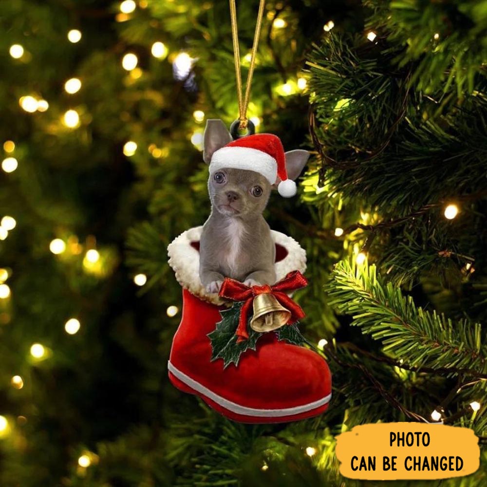Personalized Chihuahua Blue Tan In Santa Boot Christmas Hanging Ornament Unique Thanksgiving Ornament Idea