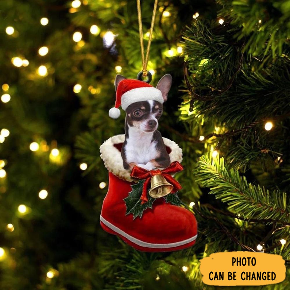 Personalized Chihuahua Choco Tan In Santa Boot Christmas Hanging Ornament Adorable Easter Ornament Keepsake