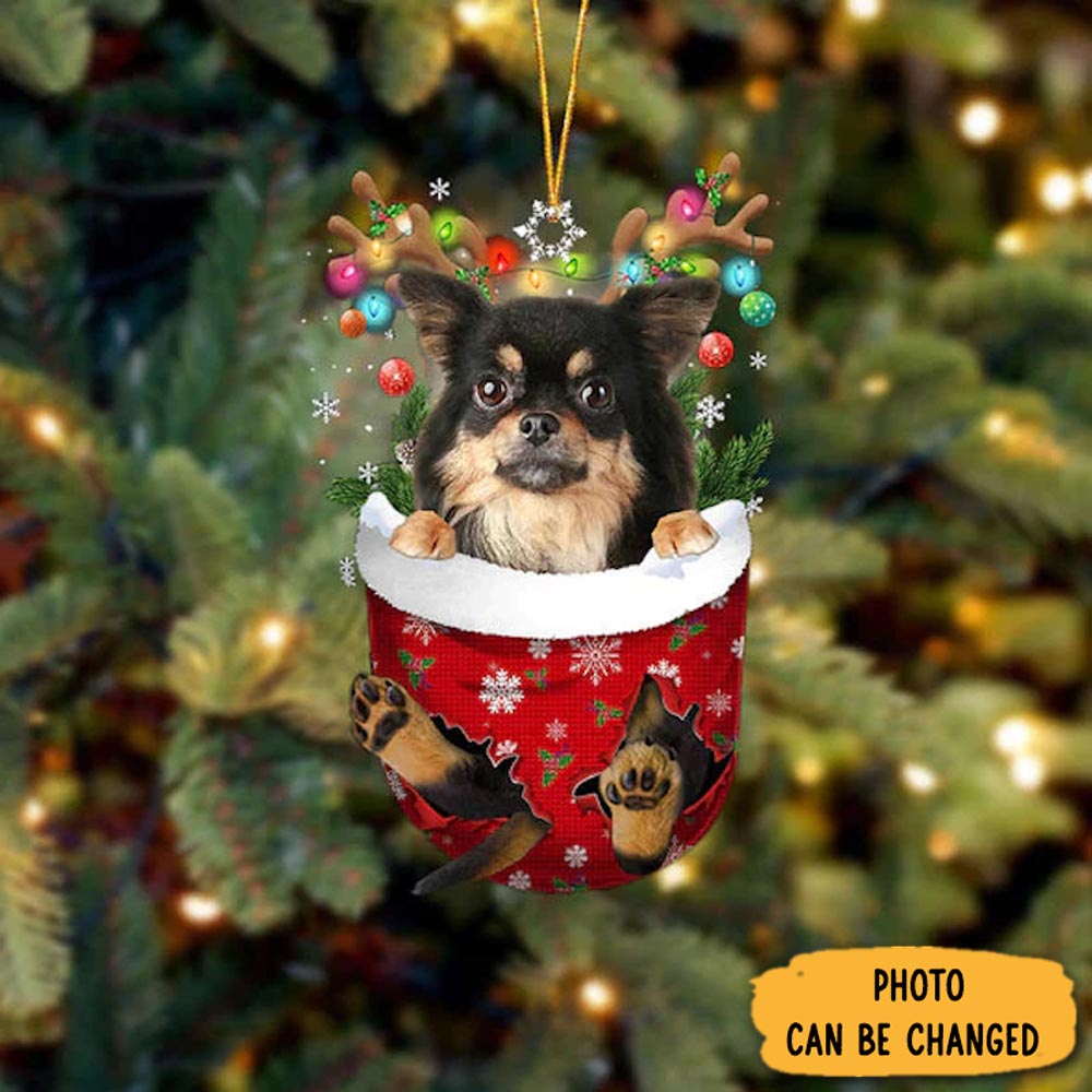 Personalized Chihuahua Long Haired In Snow Pocket Christmas Ornament Charming Christmas Ornament Gift Idea