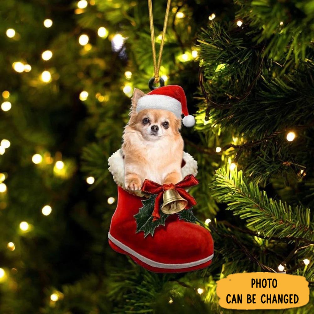 Personalized Chihuahua Red In Santa Boot Christmas Hanging Ornament Joyful Home Ornament Decor
