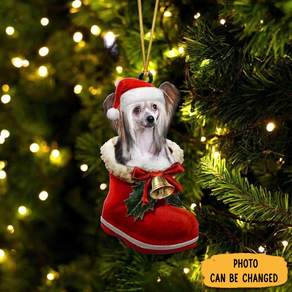 Personalized Chinese Crested In Santa Boot Christmas Hanging Ornament Personalized Ornament For Holiday Decor