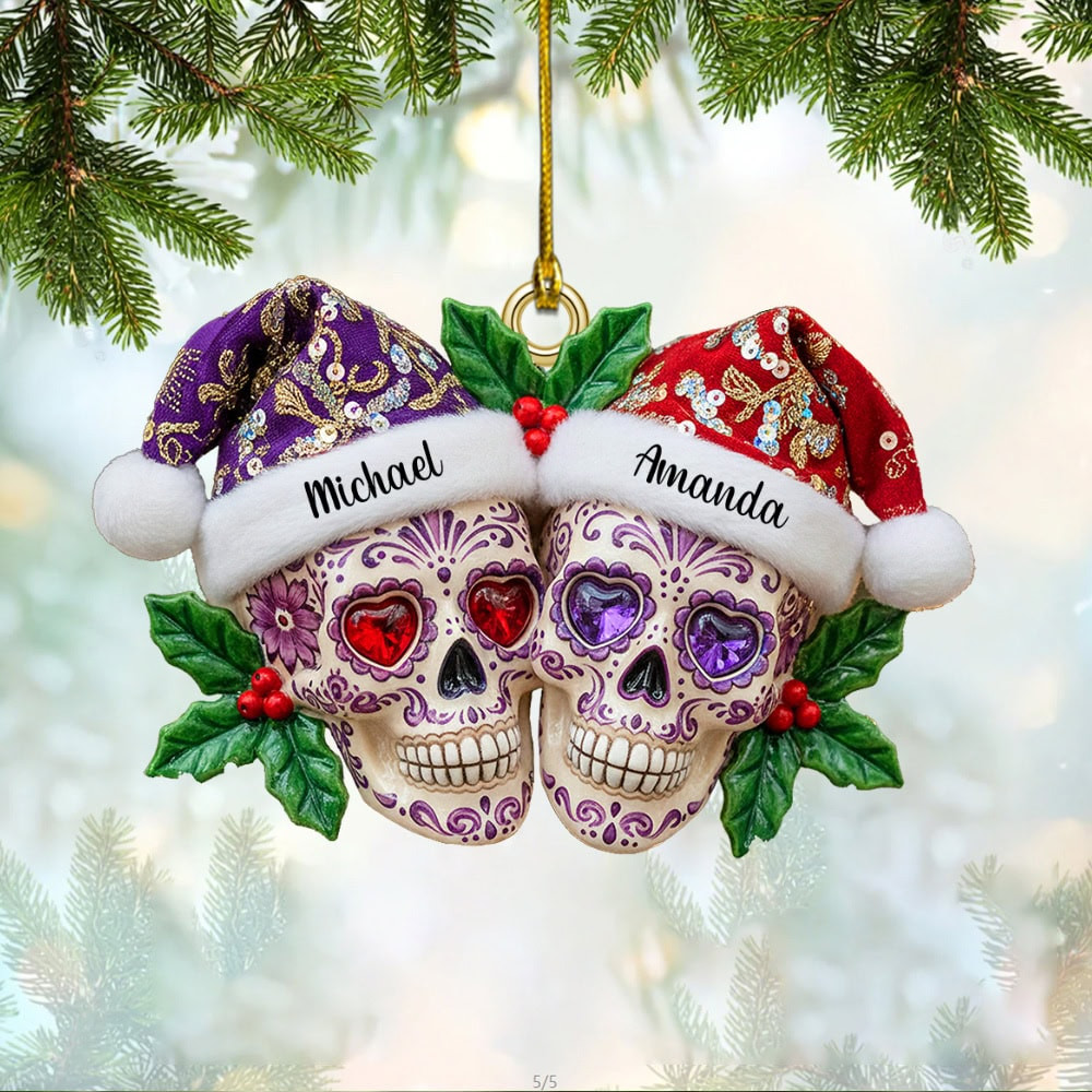 Personalized Christmas Dia De Los Muertos Skull Couple Custom Flat Acrylic Ornament Christmas Gift