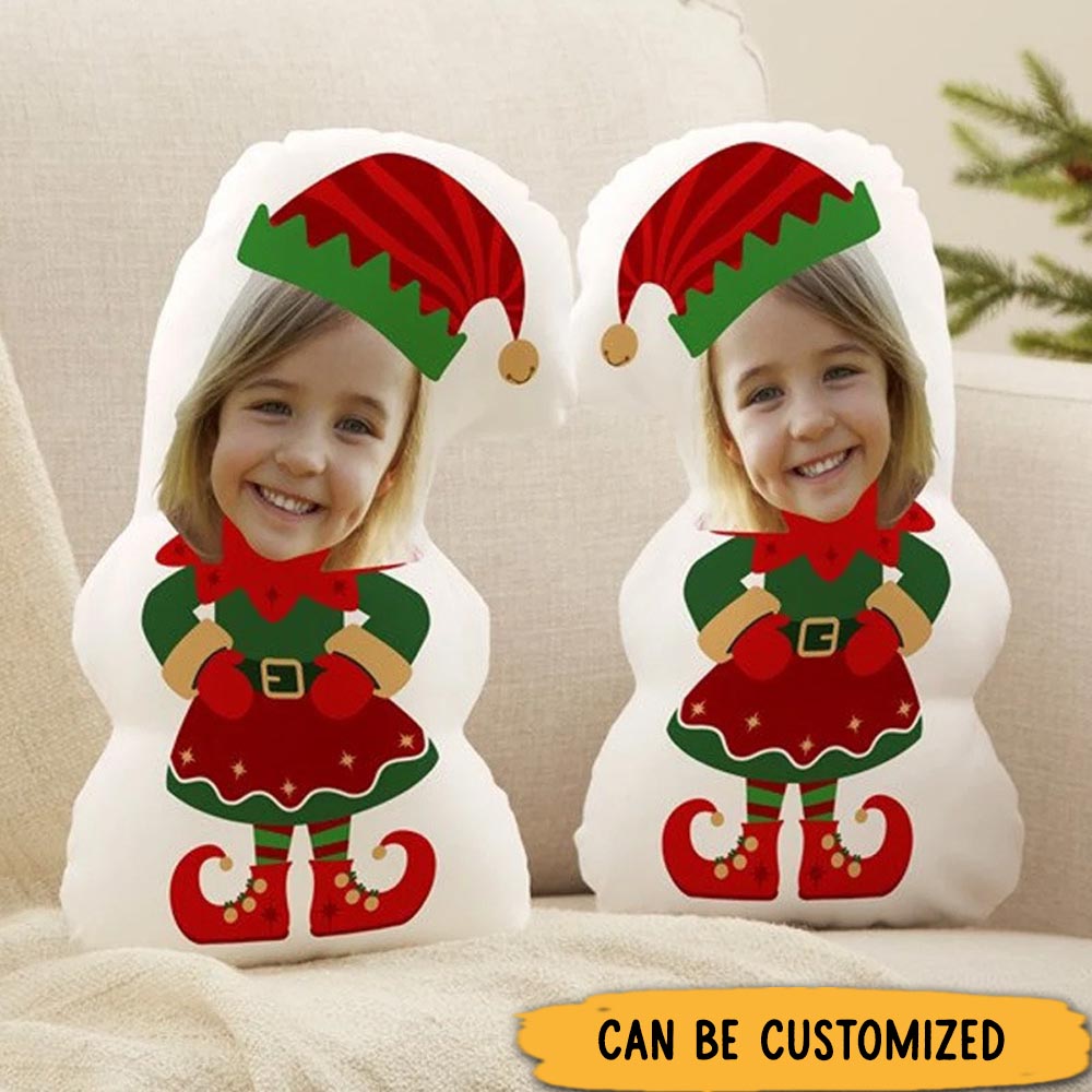 Personalized Christmas Elf Pillow Featuring a Festive Red and Green Elf Design with a Custom Face Pillows
