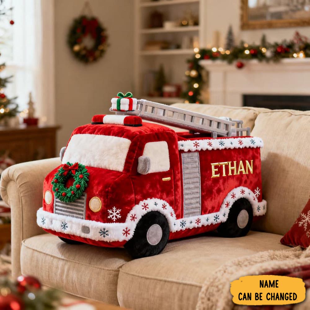 Personalized Christmas Fire Truck Pillow Interior Decor Cozy Home Accent Xmas Gift Ideas