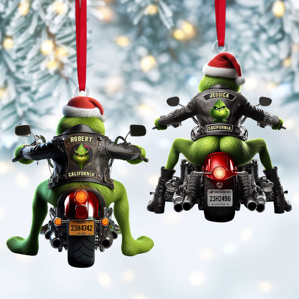 Personalized Christmas Gifts Green Monster On A Motorcycle Acrylic Ornament - Fun Holiday Ornament Gift