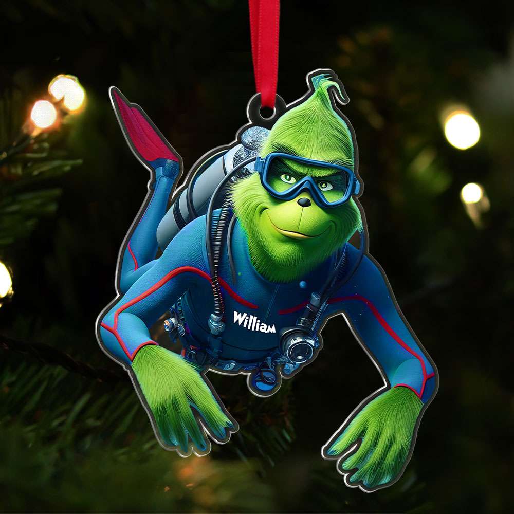 Personalized Christmas Gifts, Green Monster Scuba Diving Acrylic Ornament - Fun Holiday Ornament Gift
