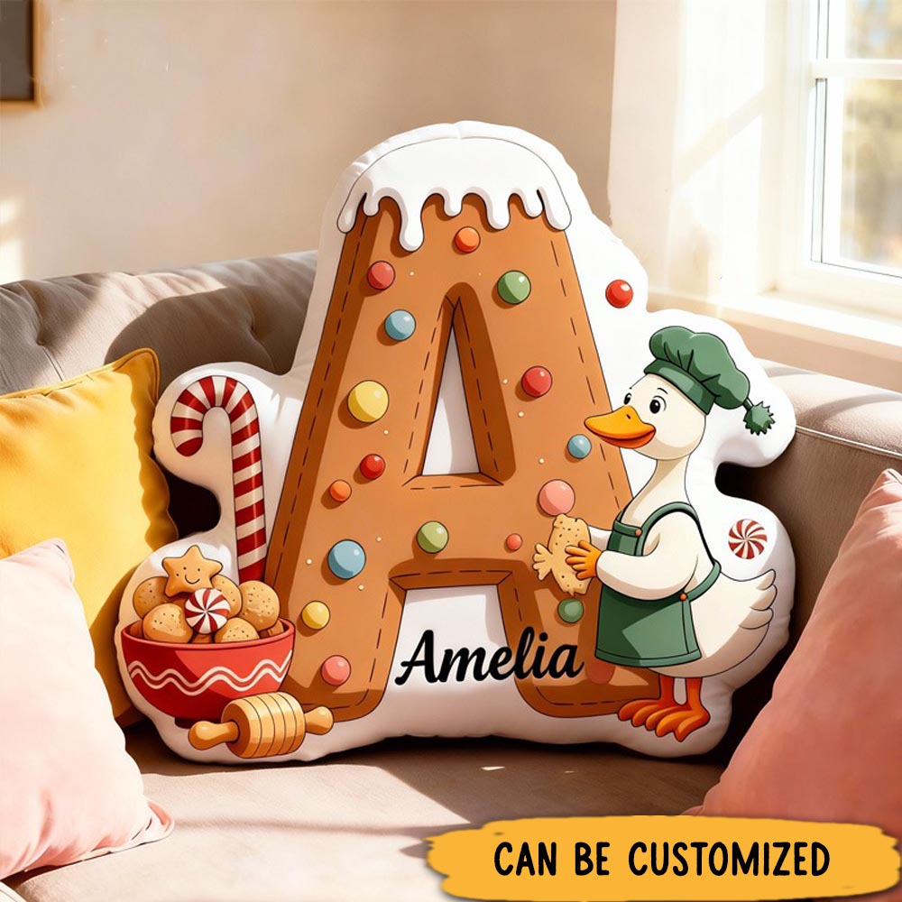 Personalized Christmas Goose Alphabet Throw Pillow Graphic 3D Print Gingerbread Letters with Name Goose Baker Festive Decor Gift for Kids Boys Girls Family