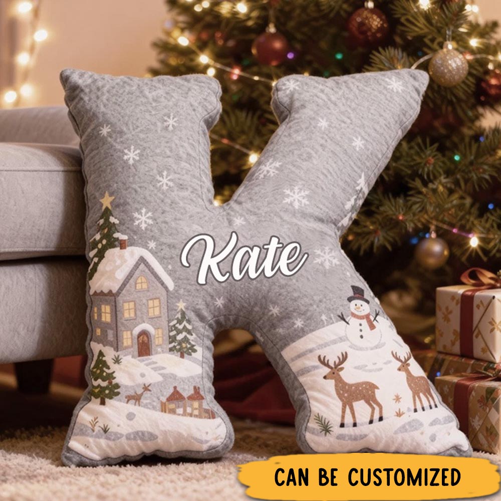Personalized Christmas Gray Letter Pillow Graphic 3D Print Custom Name Cozy Holiday Decor with Winter Scene Snowman and Deer Design Soft Christmas Gift