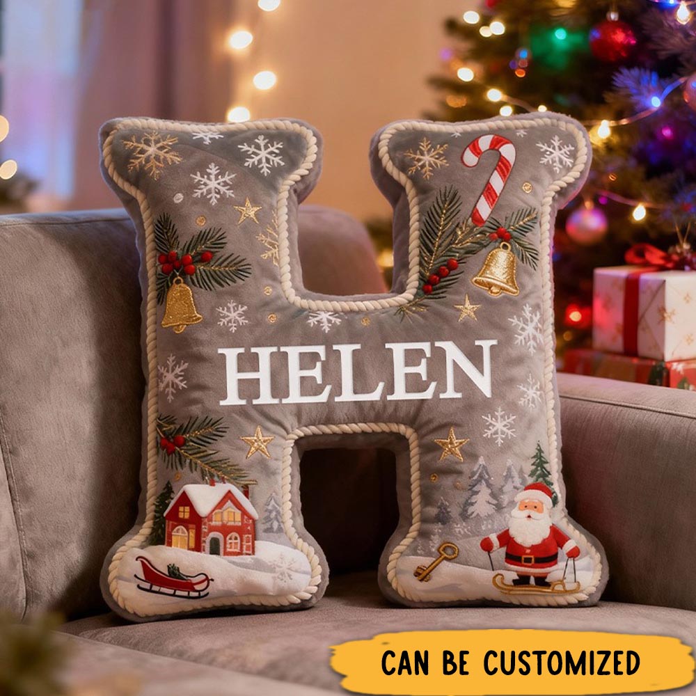 Personalized Christmas Initial Pillow Graphic 3D Print Custom Name Pillow Festive Holiday Decor Cozy Home Accent Soft Cushion Housewarming Gift for Family and Kids
