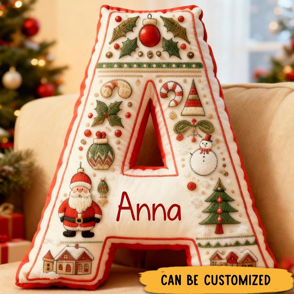 Personalized Christmas Initial Pillow Graphic 3D Print Custom Name Pillow Festive Holiday Decor Housewarming Gift for Family and Kids