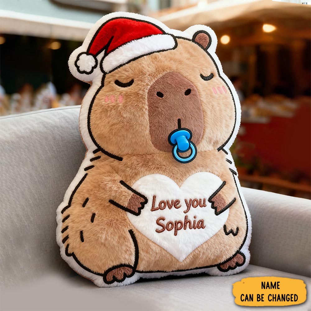 Personalized Christmas Kapibala Name Custom Kids Gift Cute Santa Hat Soft Cozy Holiday Love Decorative Graphic 3d Print Pillow
