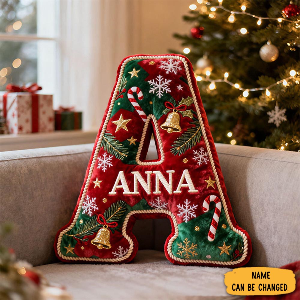 Personalized Christmas Letter Pillow Festive Holiday Decor Candy Cane And Bell Graphic 3d Print Cozy Custom Cushion For Living Room Soft Decorative