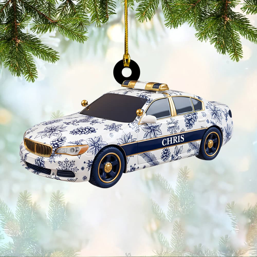 Personalized Christmas On Duty Police Car Toile De Jouy Custom Flat Acrylic Ornament Gift For Police
