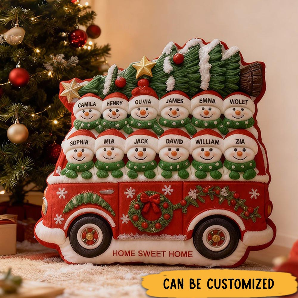 Personalized Christmas Pillow Graphic 3D Print Custom Family Names Cozy Holiday Decor with Snowman and Festive Bus Design Perfect Seasonal Gift Idea