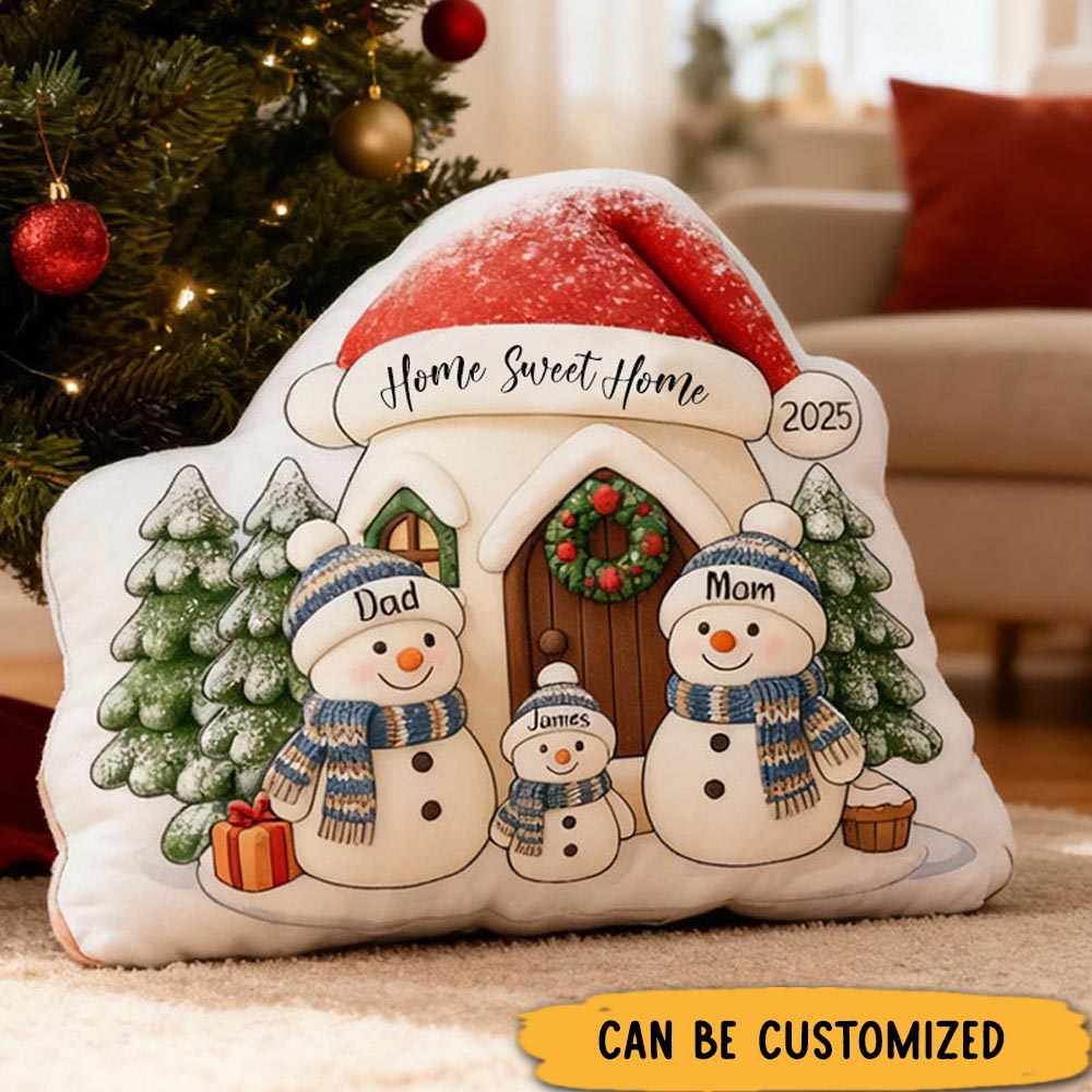 Personalized Christmas Pillow Graphic 3D Print Custom Family Names Cozy Holiday Decor with Snowman Family and Festive House Soft Accent Cushion Gift