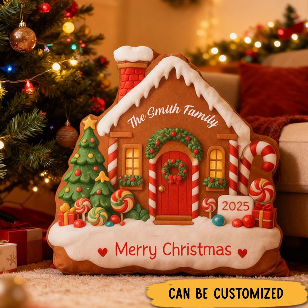 Personalized Christmas Pillow Graphic 3D Print Custom Names and Address Cozy Holiday Decor with Festive Gingerbread House Design Soft Accent Cushion