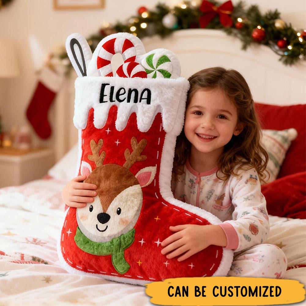 Personalized Christmas Stocking Name Custom Soft Decorative Gift Red Holiday Style Cute Reindeer Candy Cozy Winter Festive Room Lovely Joyful Graphic 3D Print Pillow