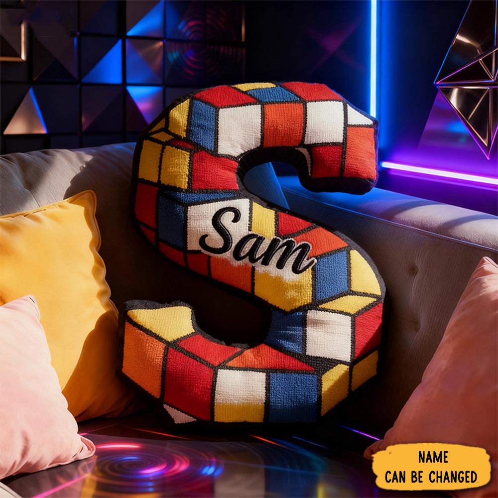 Personalized Color Block Cube Rubik S Cube Pattern Letter Initial Custom Name Bright Modern Decorative Gift Fun Room Alphabet Shape Pillow