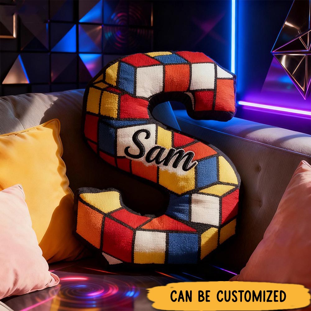 Personalized Color Block Cube Rubik's Cube Pattern Letter Initial Custom Name Bright Modern Decorative Gift Fun Room Alphabet Shape Pillow